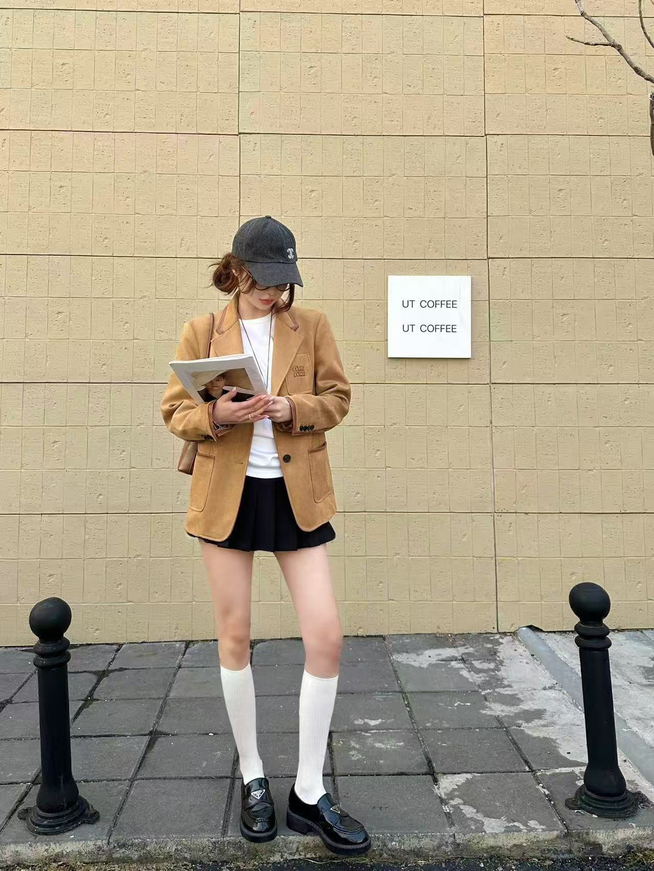 Kadın Haki Kahverengi Deri Detaylı Denim Blazer Ceket