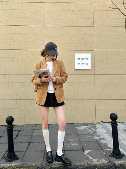 Kadın Haki Kahverengi Deri Detaylı Denim Blazer Ceket