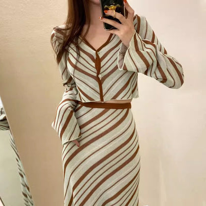 Korean Style V-Neck Knitwear and High-Waisted Skirt Set