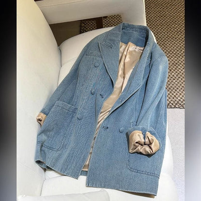 Kadın Mavi Kruvaze Denim Blazer Ceket – Oversize Kesim, Saten Astarlı, Büyük Beden
