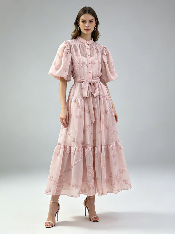 Women's Blue Floral Embroidered Puff Sleeve Button-Front Midi Dress