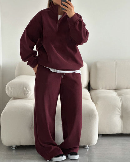 Kadın Yarım Fermuarlı Dik Yaka Sweatshirt ve Eşofman Altı İkili Pamuklu Takım