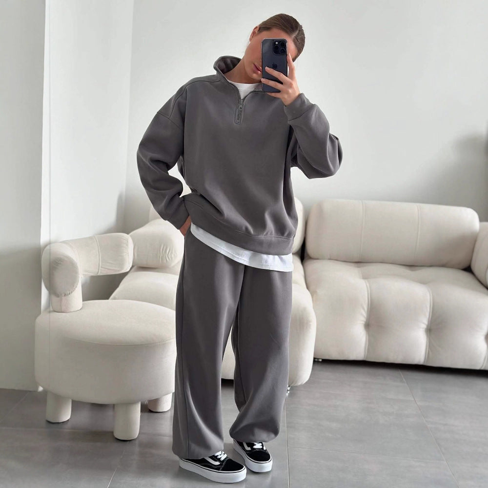 Kadın Yarım Fermuarlı Dik Yaka Sweatshirt ve Eşofman Altı İkili Pamuklu Takım