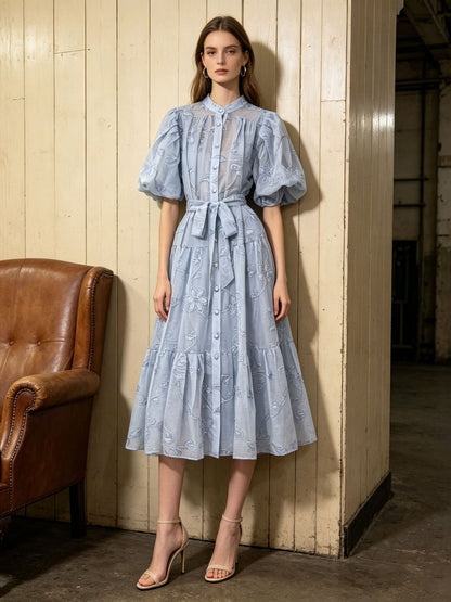 Women's Blue Floral Embroidered Puff Sleeve Button-Front Midi Dress