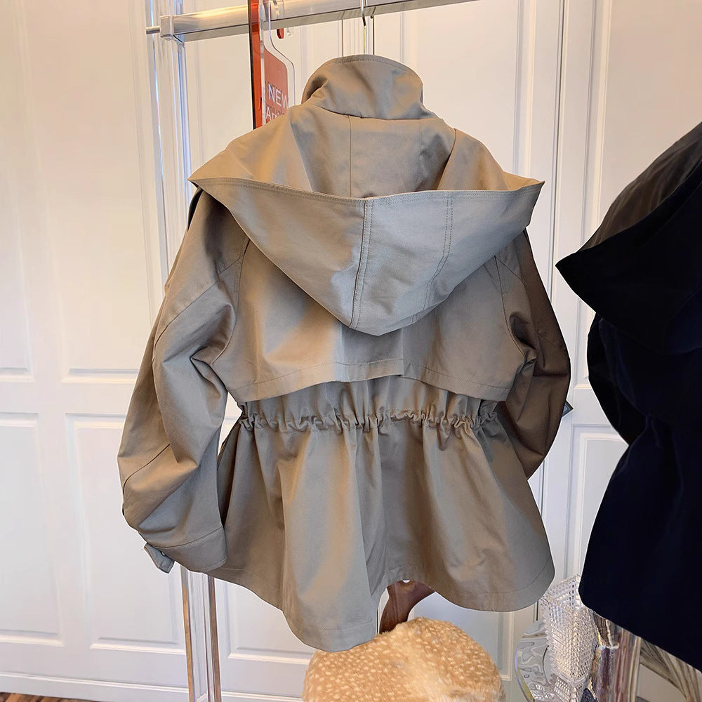 Kadın Haki Siyah Oversize Kapüşonlu Rüzgarlık Ceket - Bel Büzgülü Kısa Parka