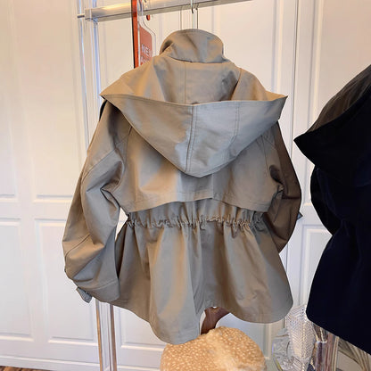 Kadın Haki Siyah Oversize Kapüşonlu Rüzgarlık Ceket - Bel Büzgülü Kısa Parka