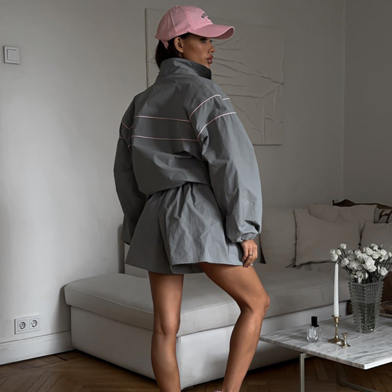 Women's Long Sleeve Zip-Up Cardigan and Drawstring Wide-Leg Shorts Set