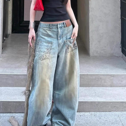 Amerikan Retro Sıcak Kız Tasarım Geniş Bacak Çıkık Sökülmüş Nakış Loosejeans kadın Sıkıntılı Paspas Pantolon