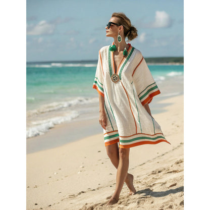Etnik Nakış Detaylı V Yaka Keten Kaftan Elbise – Premium Plaj ve Resort Şıklığı