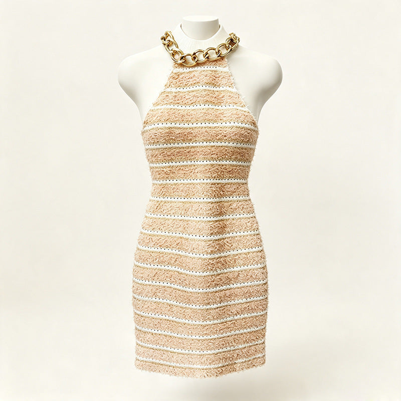 2025 Fall/Winter Elegant Metal Chain High-Neck Hip-Length Knit Dress - Designer-Inspired Style (In Stock)