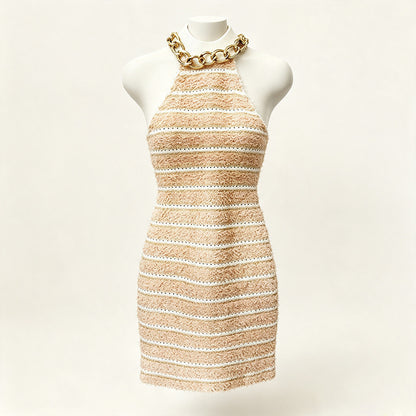 2025 Fall/Winter Elegant Metal Chain High-Neck Hip-Length Knit Dress - Designer-Inspired Style (In Stock)