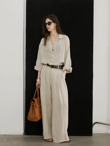 Women's Linen Vintage-Style Long Sleeve Shirt and Trouser Set