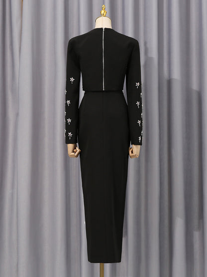 Women's Black Rhinestone-Embellished Crop Blouse and Slit Long Skirt Set