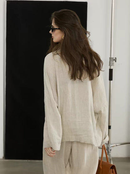 Women's Linen Vintage-Style Long Sleeve Shirt and Trouser Set