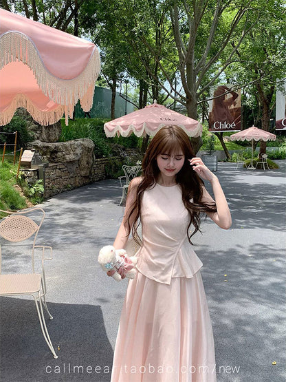 Powder Pink Layered Design Linen Maxi Dress – Elegant Long Summer Dress
