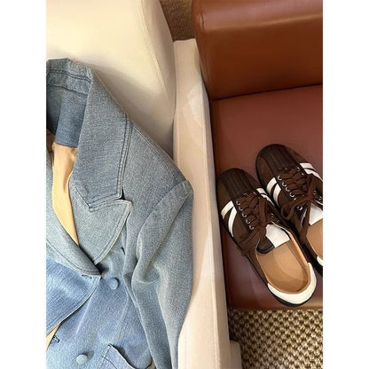 Kadın Mavi Kruvaze Denim Blazer Ceket – Oversize Kesim, Saten Astarlı, Büyük Beden
