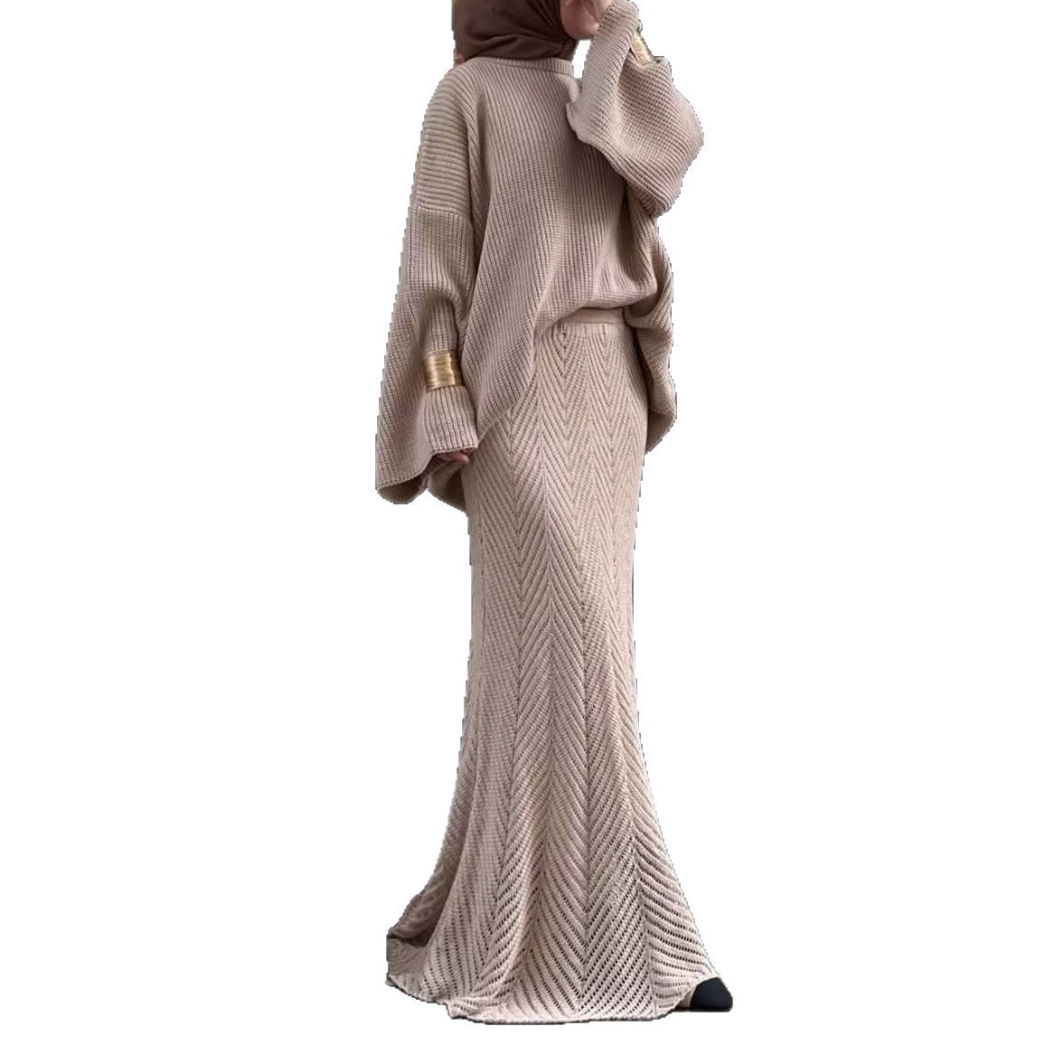 Kadın Bej Triko Kazak Etek Takım – Oversize Örgü Kazak ve Balık Model Maxi Etek