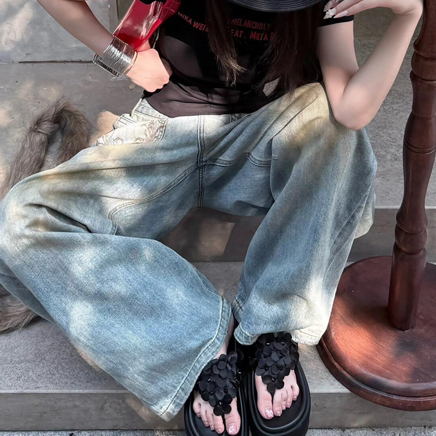 Amerikan Retro Sıcak Kız Tasarım Geniş Bacak Çıkık Sökülmüş Nakış Loosejeans kadın Sıkıntılı Paspas Pantolon