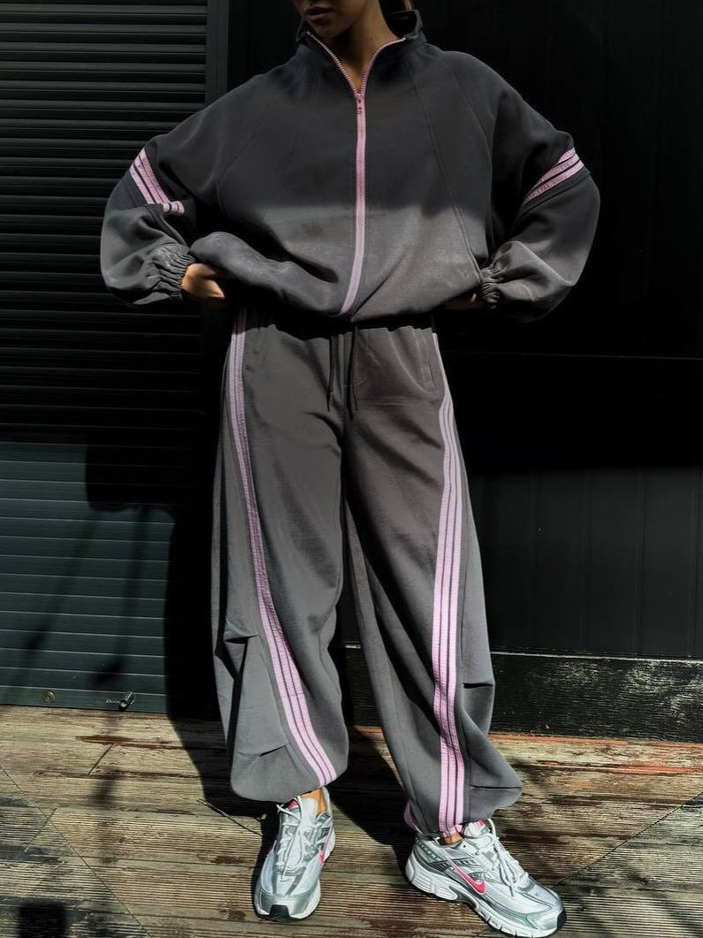 Kadın Pembe Şeritli Oversize Eşofman Takımı, Geniş Paça Baggy Alt ve Fermuarlı Ceket Set