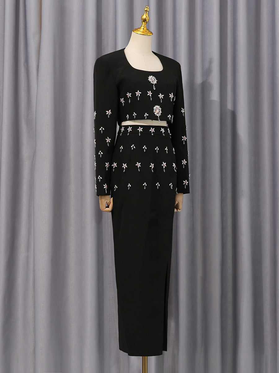 Women's Black Rhinestone-Embellished Crop Blouse and Slit Long Skirt Set
