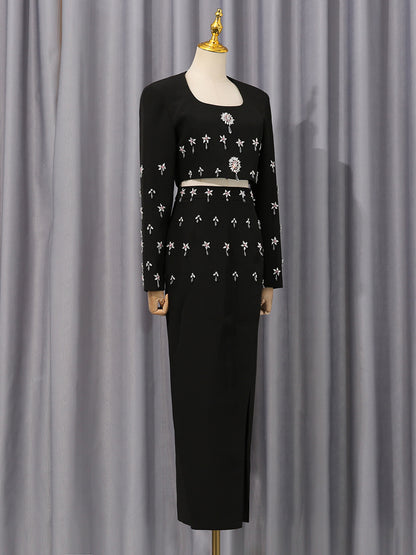 Women's Black Rhinestone-Embellished Crop Blouse and Slit Long Skirt Set