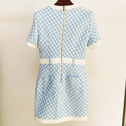 Ekose Desenli Altın Düğmeli Kısa Kollu Mini Elbise