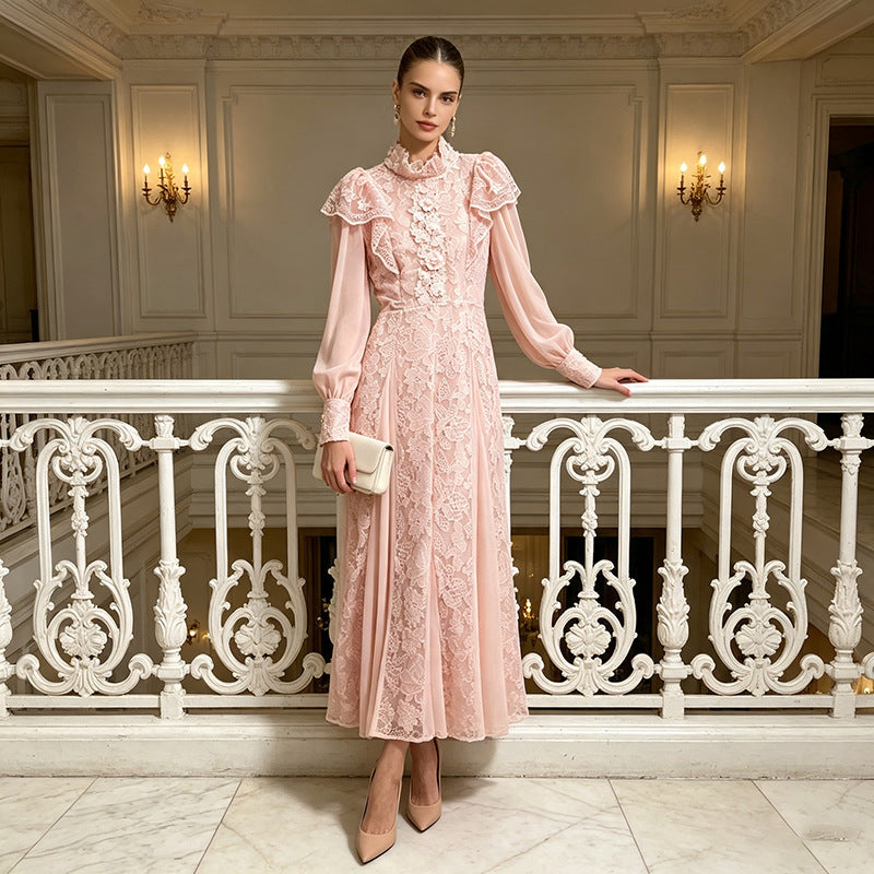 Women's Lace Long Sleeve High Neck Elegant Maxi Dress