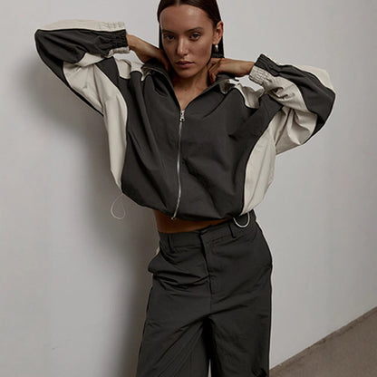 Women's Oversized Color-Block Zip-Up Relaxed Tracksuit Set