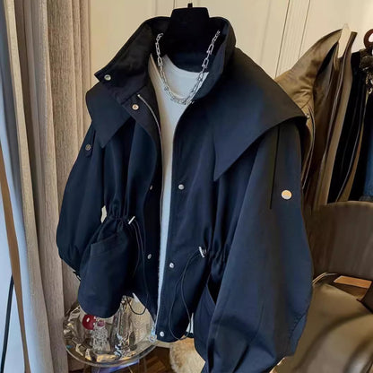Kadın Haki Siyah Oversize Kapüşonlu Rüzgarlık Ceket - Bel Büzgülü Kısa Parka