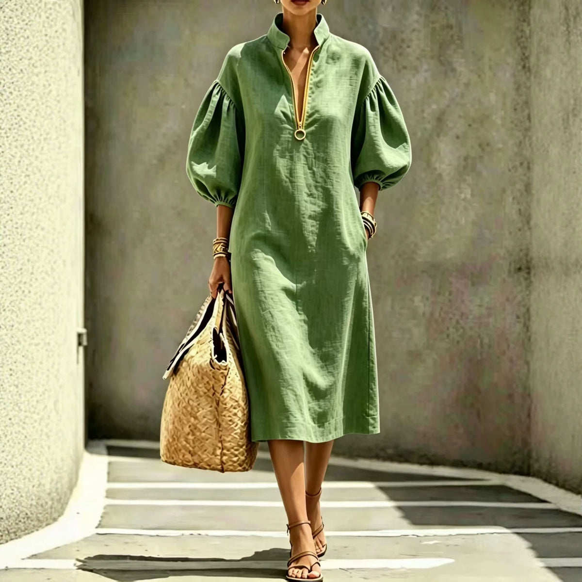 Women's Linen-Look Stand Collar Balloon Sleeve Half-Zip Relaxed Fit Dress