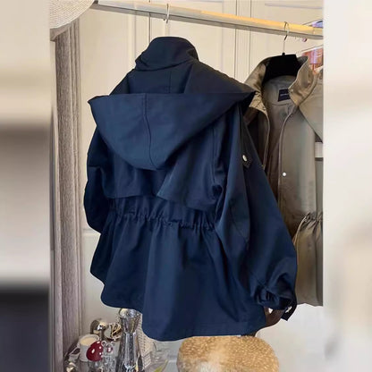 Kadın Haki Siyah Oversize Kapüşonlu Rüzgarlık Ceket - Bel Büzgülü Kısa Parka