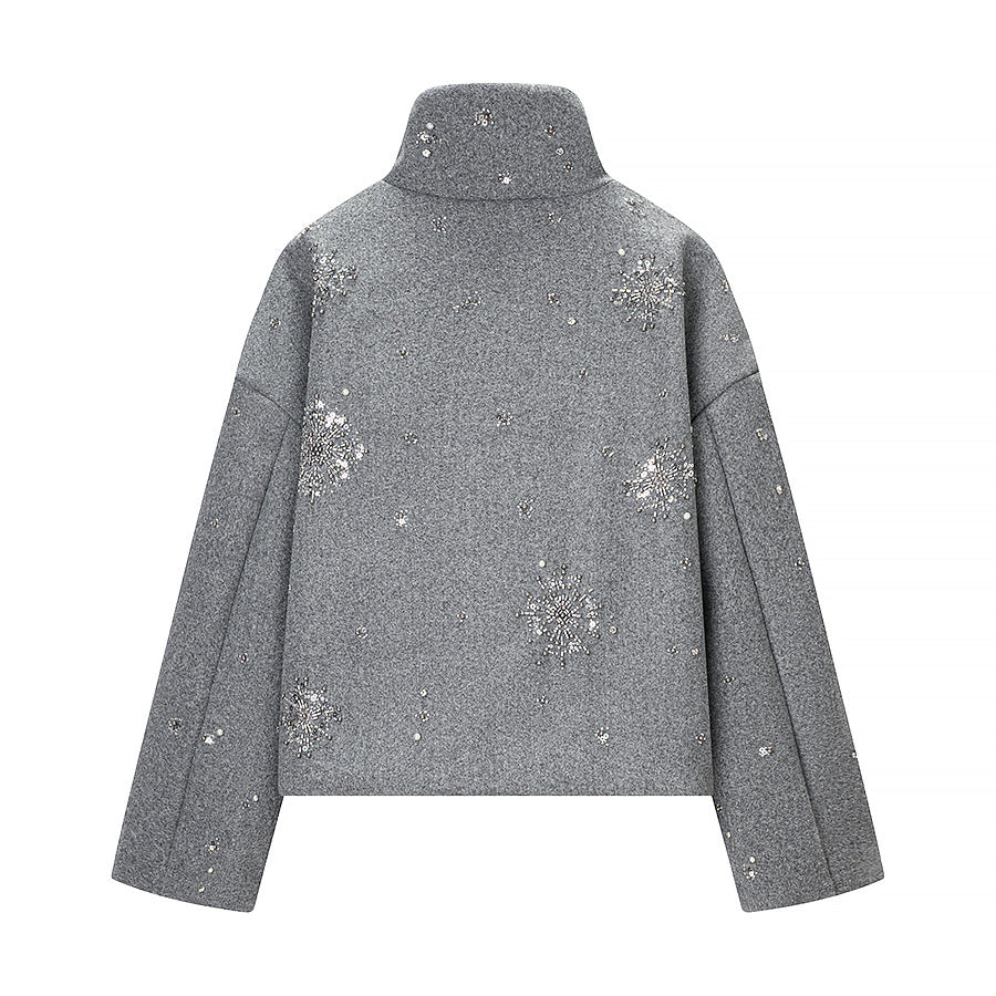 Women's Stand Collar Zip-Up Sequin Floral Winter Jacket