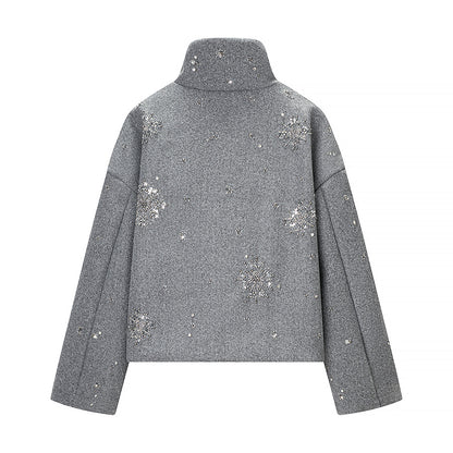 Women's Stand Collar Zip-Up Sequin Floral Winter Jacket