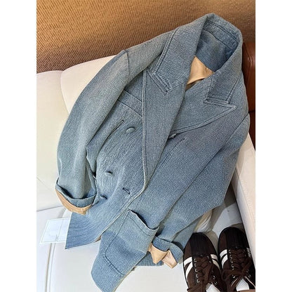 Kadın Mavi Kruvaze Denim Blazer Ceket – Oversize Kesim, Saten Astarlı, Büyük Beden