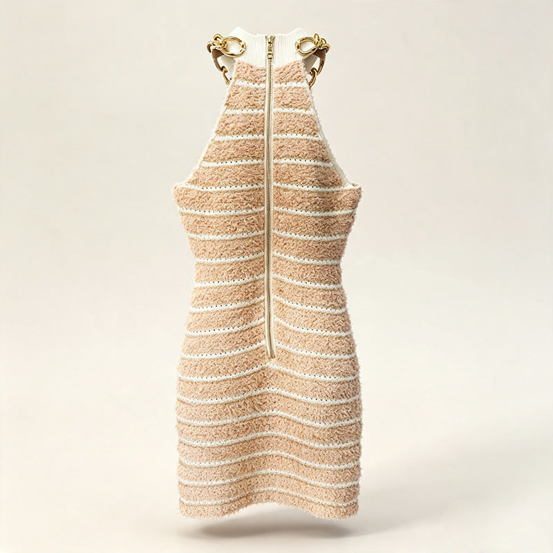 2025 Fall/Winter Elegant Metal Chain High-Neck Hip-Length Knit Dress - Designer-Inspired Style (In Stock)