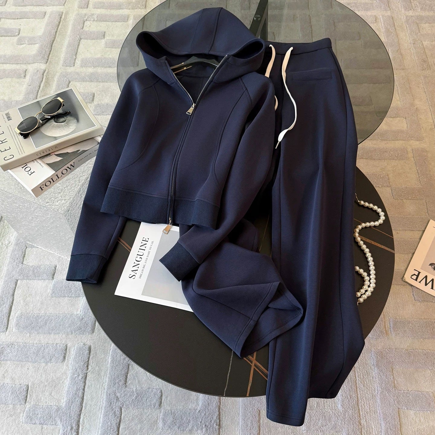 Kadın Çift Fermuarlı Kapüşonlu Sweatshirt ve Düz Paça Pantolon Eşofman Takımı