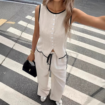 Women's Sleeveless High-Neck Blouse and Wide-Leg Trousers Two-Piece Set