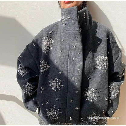 Women's Stand Collar Zip-Up Sequin Floral Winter Jacket