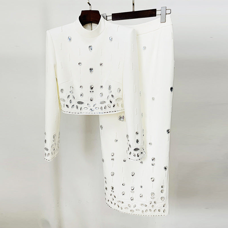Women's Rhinestone and Bead-Embellished Crop Jacket and Pencil Skirt Occasion Set