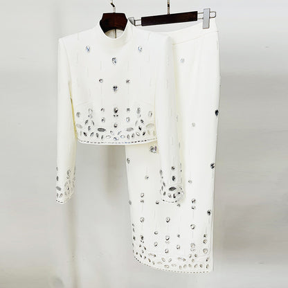 Women's Rhinestone and Bead-Embellished Crop Jacket and Pencil Skirt Occasion Set