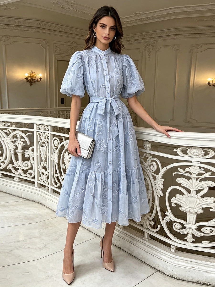Women's Blue Floral Embroidered Puff Sleeve Button-Front Midi Dress