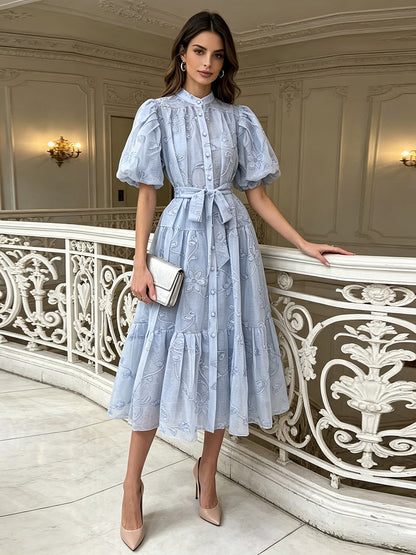 Women's Blue Floral Embroidered Puff Sleeve Button-Front Midi Dress