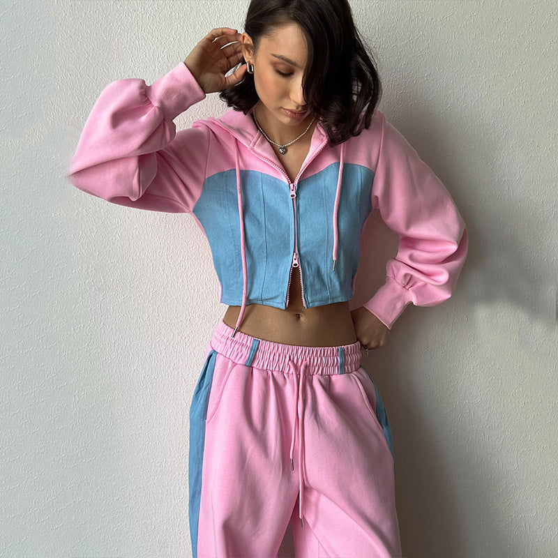 <font dir="auto" style="vertical-align: inherit;"><font dir="auto" style="vertical-align: inherit;">Amazon dış ticaret Avrupa ve Amerikalı kadınların renk bloke eden moda seti seksi beli açığa çıkardığı kapüşonlu renk bloke eden hırka eşofman altı iki par