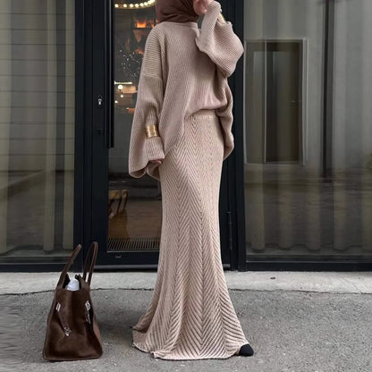Kadın Bej Triko Kazak Etek Takım – Oversize Örgü Kazak ve Balık Model Maxi Etek