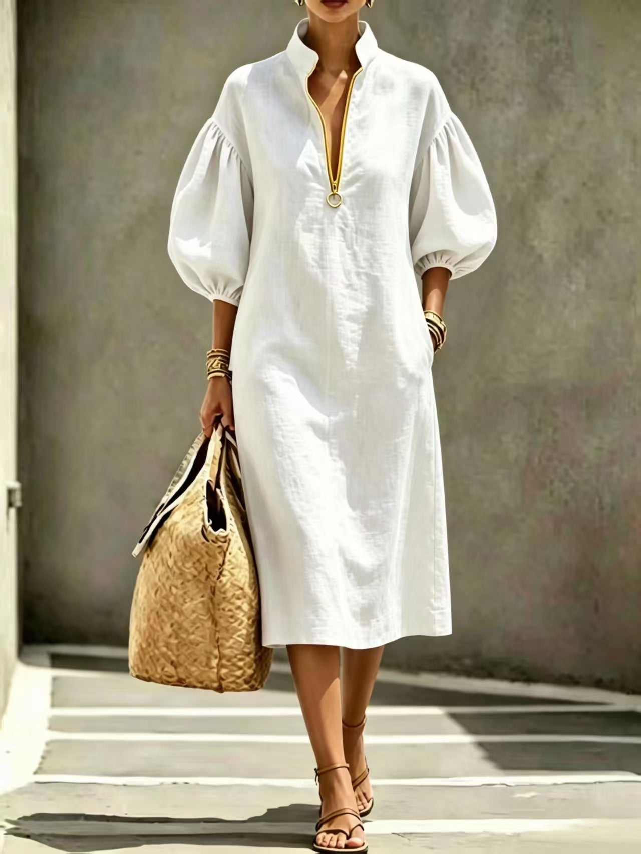 Women's Linen-Look Stand Collar Balloon Sleeve Half-Zip Relaxed Fit Dress