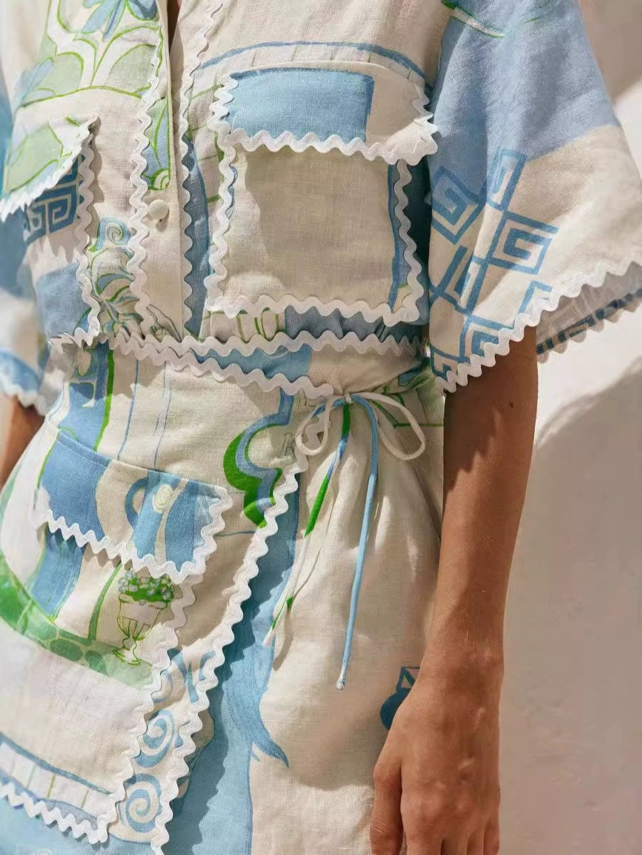 Kadın Patchwork Desenli Dantel Detaylı Gömlek ve Mini Etek İkili Takım