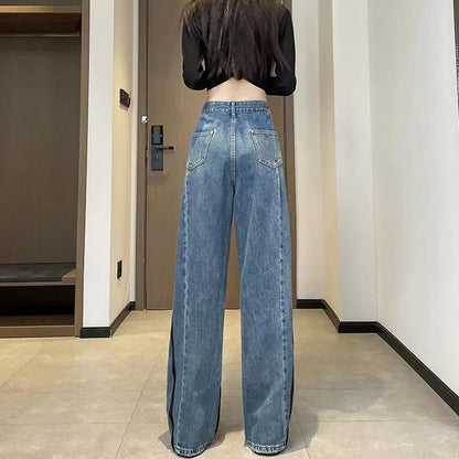 Kadın Mavi Yüksek Bel Geniş Paça Jean – Fermuar Detaylı, Bol Kesim Retro Kot Pantolon