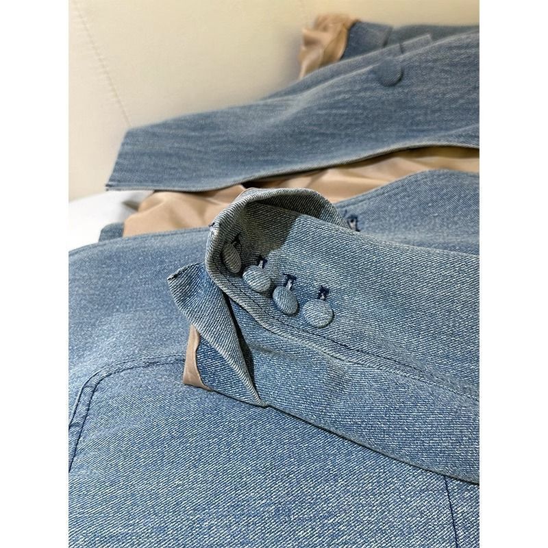 Kadın Mavi Kruvaze Denim Blazer Ceket – Oversize Kesim, Saten Astarlı, Büyük Beden