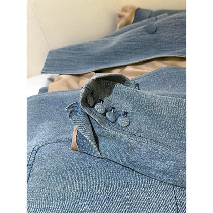 Kadın Mavi Kruvaze Denim Blazer Ceket – Oversize Kesim, Saten Astarlı, Büyük Beden