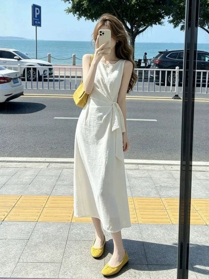 Cream White Tie-Waist Maxi Dress – Korean-Style Waist-Slimming Summer Dress